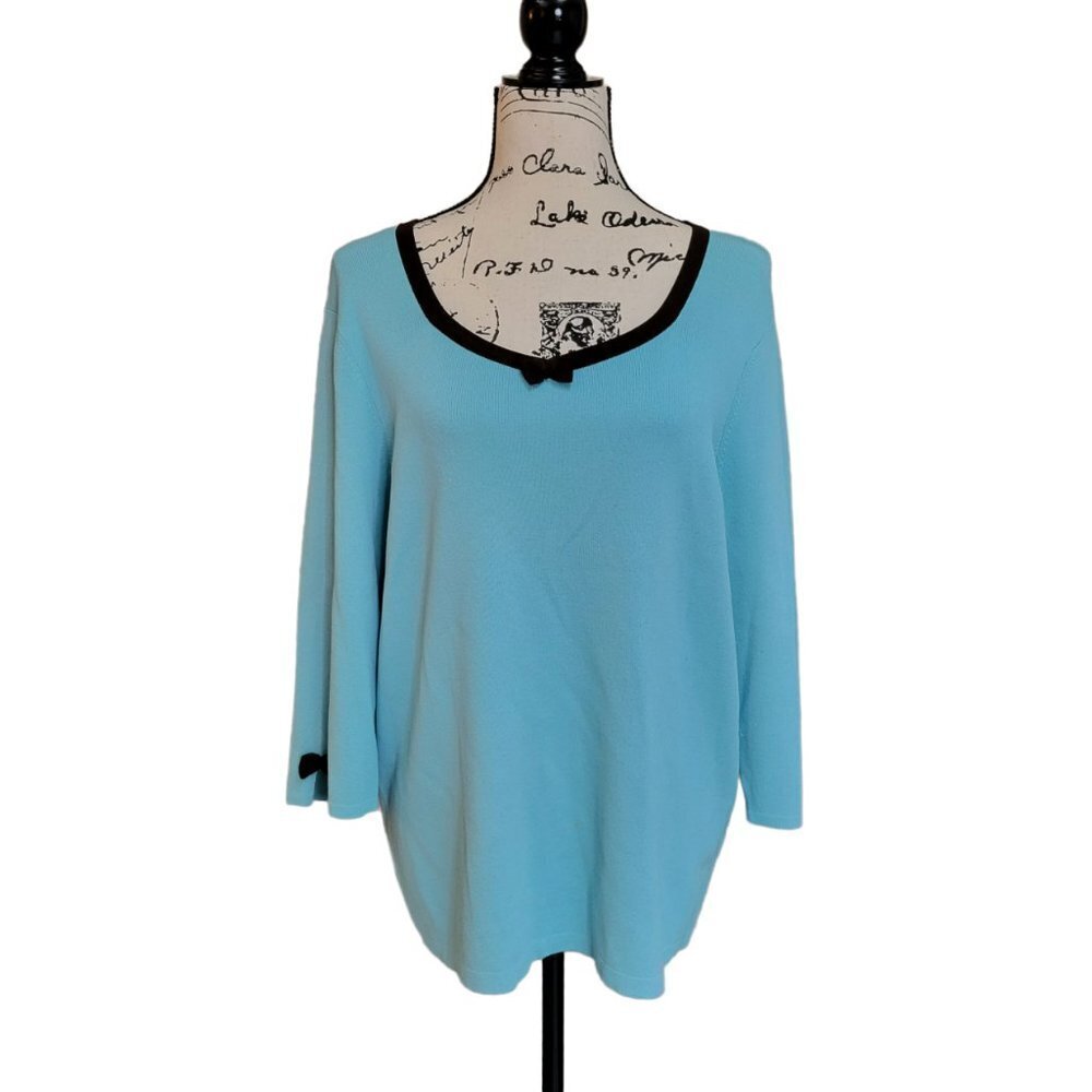 Dress Barn Blue 3/4 Sleeve Top with Brown Trim - Size 18/20